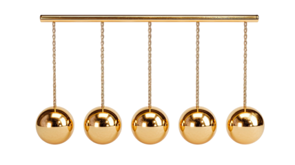 Golden Newton's cradle with five shiny spheres suspended