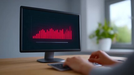 Red bar chart data analytics financial graph stock market business growth computer monitor office desk modern workspace professional worker technology concept data analysis business finance computer - Powered by Adobe