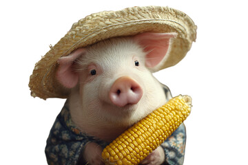 a pig wearing a straw hat and holding a corn cob