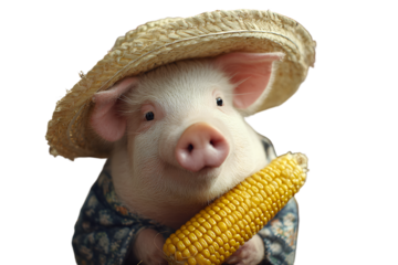 a pig wearing a straw hat and holding a corn cob