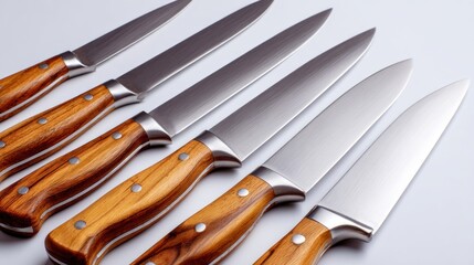 Aligned knives with shiny blades and wooden handles against light gray background