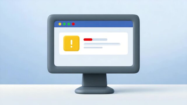 Computer monitor screen desktop display alert warning error notification message user interface, flat design minimal style technology concept, system alert pop up warning sign online security risk