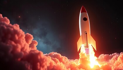 Obraz premium AI-powered rocket launching into space, fiery trail, artificial intelligence, stars