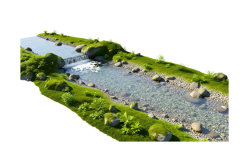 Serene miniature river landscape featuring clear water, lush green banks, and a gentle waterfall. transparent background