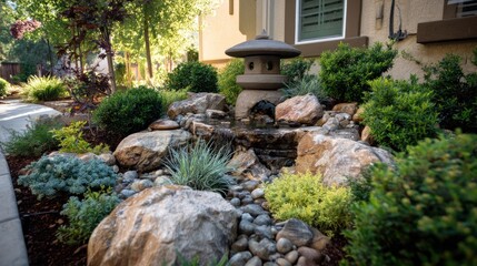 Tranquil rock garden with small waterfall cascading under a stone lantern feature near a tan building