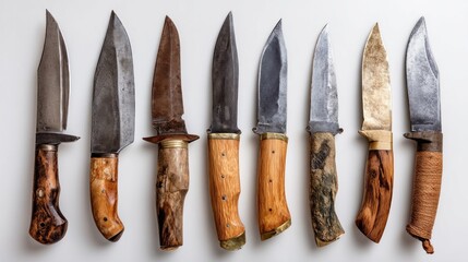 Assortment of eight hunting knives with wooden handles arranged in a row on a white background