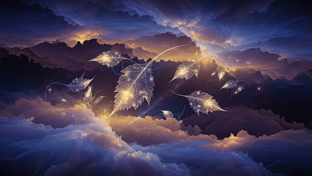 magical cloudscape with luminous floating leaves and radiant sky over mountain ranges