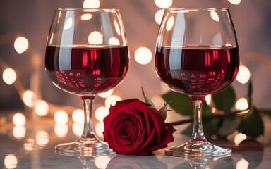 Romantic Wine Glasses with Red Rose