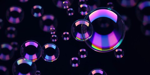 Close-up of iridescent soap bubbles floating on a dark background,  surface tension,  sphere