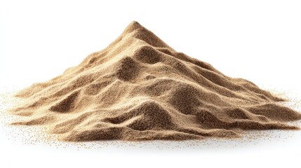 Sand dune Small tan-colored mound of sand with textured surface, peaked shape, lying on white background