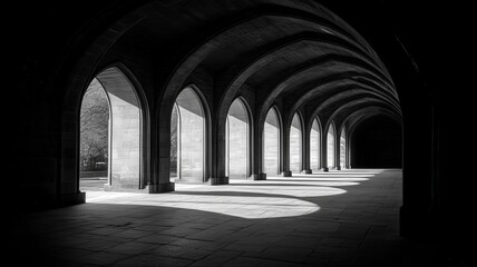 Obraz premium Arched Stone Passageway with Deep Shadows Emphasizing Contrast and Light in Monochrome