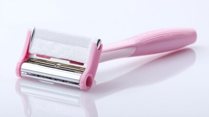 Pink lady's razor with silver blades on a white reflective surface, angled