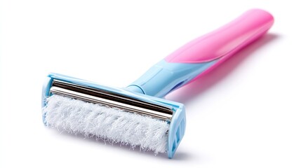 Pink and blue razor with fluffy white brush attachment on white background