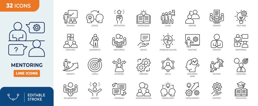 Mentoring line editable icon set. Containing mentoring, coaching, teaching, guidance, leadership, advice, skill training, learning, support, and more. Editable stroke. Vector illustration