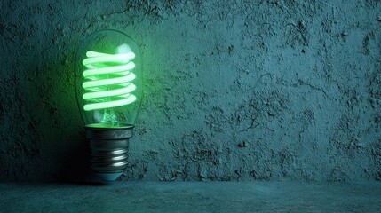 Glowing green spiral lightbulb against a textured dark cyan wall and floor