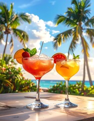 Two vibrant cocktails sit on a table with palm trees and turquoise ocean in the background, bathed in sunlight