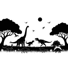 Dinosaur Silhouette Landscape with T-Rex and Brachiosaurus Black and White Border © fiqri