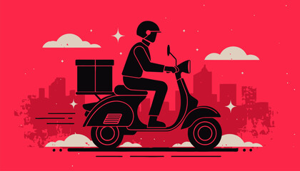 Delivery rider on scooter with package in cityscape