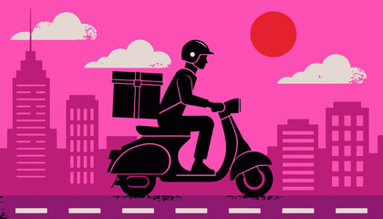 Delivery rider on scooter with gift box in cityscape