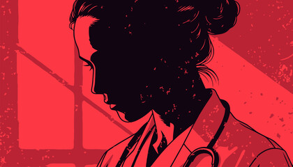 Silhouette of female doctor with stethoscope in red background