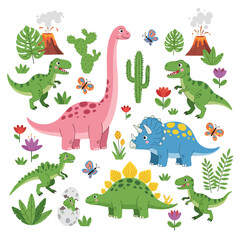 Cute Cartoon Dinosaur Collection with Tropical Plants and Volcanoes on White Background © fiqri