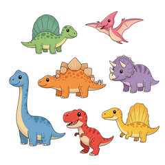 Adorable Cartoon Dinosaur Collection: Set of Cute Kawaii T-Rex, Triceratops, Stegosaurus, Brachiosaurus, and Pterodactyl Illustrations. © fiqri
