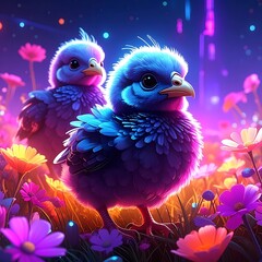 Two vibrant, fluffy, blue chicks stand in a neon-lit field of flowers at night, illuminated by otherworldly light