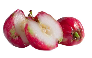 Rose apple sliced to reveal crisp white interior showcasing juicy tropical fruit freshness and natural texture isolated on transparent background PNG