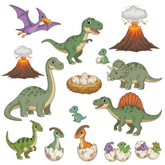 Cartoon Dinosaur Collection Set: T-Rex, Triceratops, Brontosaurus, and Baby Dino Hatchlings with Volcanoes © fiqri