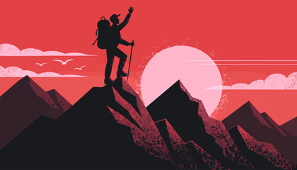 Hiker celebrating triumph on mountain peak at sunset