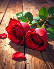Two vibrant red roses with water droplets rest on a rustic wooden surface, illuminated by sunlight