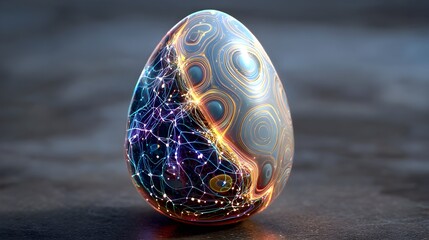 Futuristic Easter Egg with Organic Golden Patterns and Blue Digital Network Connection