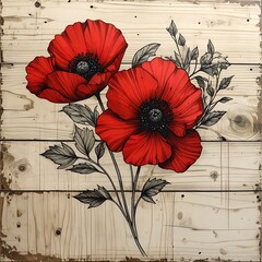 Two vivid red poppy blossoms with dark centers against a light, weathered wood background