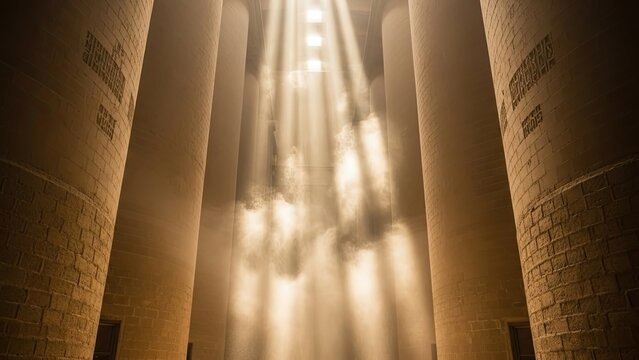Majestic sunlight streams through towering industrial silos illuminating their textured surfaces