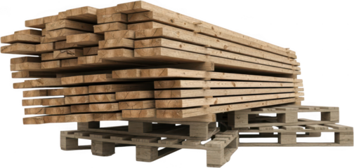 A substantial stack of unfinished lumber planks resting on wooden shipping pallets showcasing natural wood grain textures and raw construction materials timber industry building storage