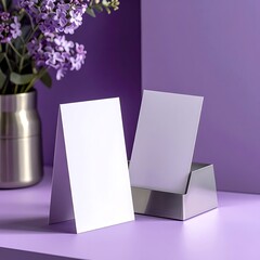Two white cards on a purple surface with metal holder and vase of violet flowers on violet background