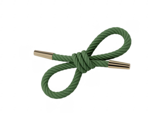 Green rope with gold metal ends tied in a bow isolated on a transparent background