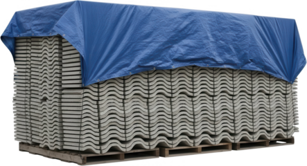 Stacked concrete roof tiles covered with a blue tarp resting on wooden pallets awaiting construction or renovation projects building materials materials covering protection storage