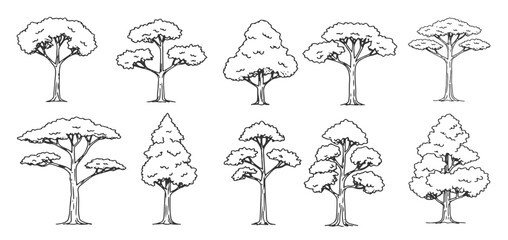 set of hand drawn architectural trees in minimal sketch