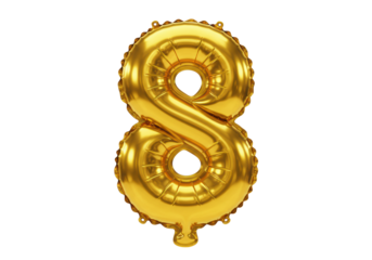 A pristine, perfectly inflated golden foil balloon shaped as number '8', with a highly reflective, glossy metallic surface, isolated on a transparent studio background for a bright celebratory