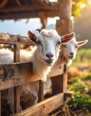 Two white goats in a rustic wooden pen, warmly lit by sunlight, gaze at the camera with gentle expressions