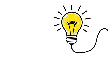 Bright yellow hand drawn light bulb icon illuminates brightly representing a sudden creative flash of inspiration or a brilliant new innovative solution.
