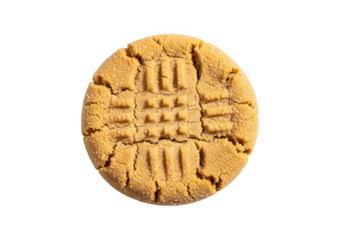 A delicious single peanut butter cookie with a classic crosshatch pattern on a black background isolated on transparent background