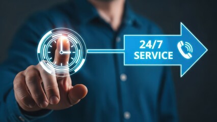 Hand touching a futuristic interface displaying 24/7 service and a clock icon for constant support.