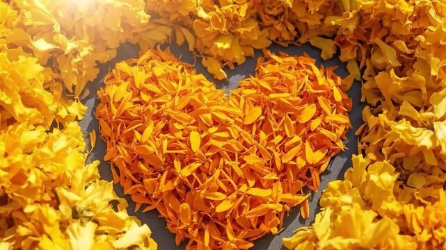 Vibrant Floral Heart Arrangement Made of Yellow and Orange Petals for Decoration and Celebrations