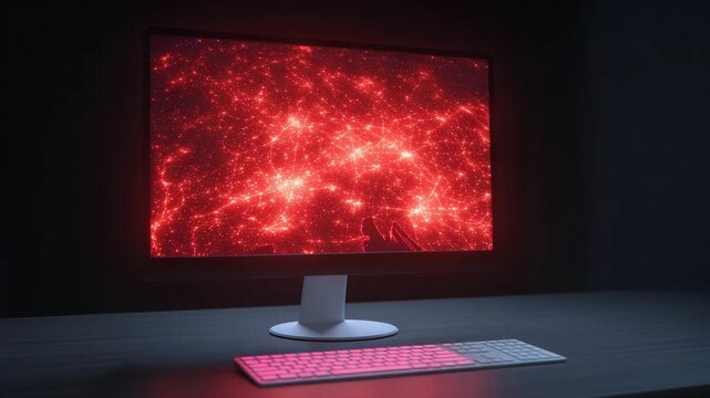 Red network glowing screen computer monitor digital map data visualization cyber security neon light dark room futuristic technology concept red network map glowing connection digital world global