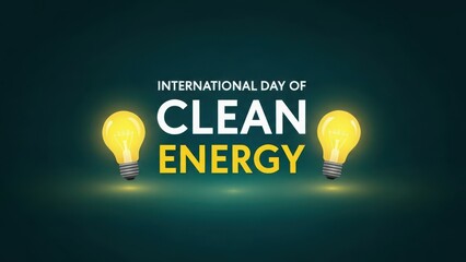 International Day of Clean Energy text illuminated by two glowing light bulbs on a dark teal background.