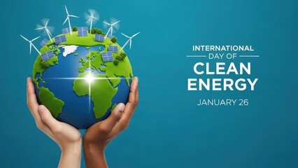 Diverse hands hold a globe adorned with solar panels and wind turbines, celebrating International Day of Clean Energy.