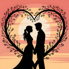 Romantic Couple Silhouette Inside Heart Frame