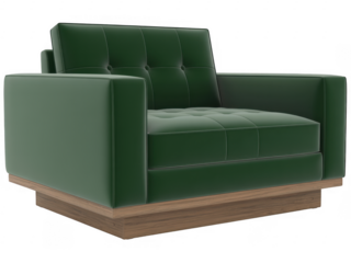 Green velvet armchair with wooden base green armchair isolated on a transparent background